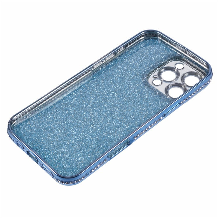 For iPhone 16 Pro Case Camera Lens Guard Clear Phone Back Cover Rhinestone Decor With Glitter Paper - Blue