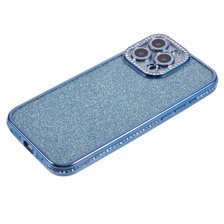 For iPhone 16 Pro Case Camera Lens Guard Clear Phone Back Cover Rhinestone Decor With Glitter Paper - Blue