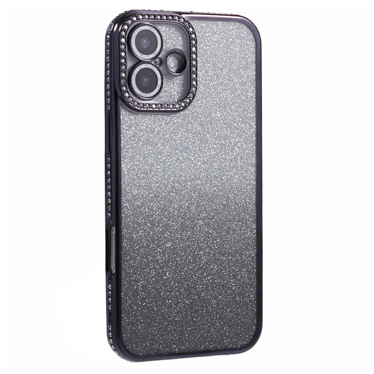 For iPhone 16 Plus Case Camera Lens Guard Clear Phone Back Cover Rhinestone Decor With Glitter Paper - Gradient Black