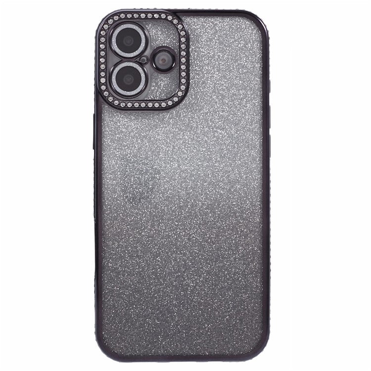For iPhone 16 Plus Case Camera Lens Guard Clear Phone Back Cover Rhinestone Decor With Glitter Paper - Gradient Black