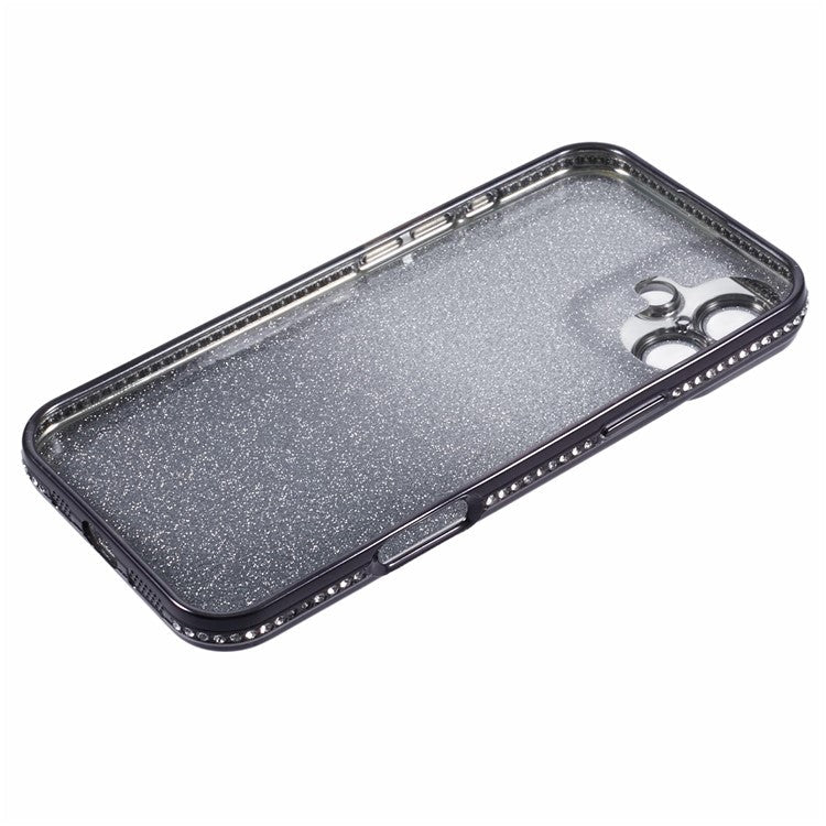 For iPhone 16 Plus Case Camera Lens Guard Clear Phone Back Cover Rhinestone Decor With Glitter Paper - Gradient Black