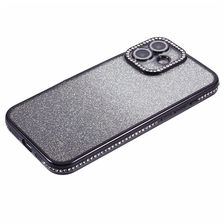 For iPhone 16 Plus Case Camera Lens Guard Clear Phone Back Cover Rhinestone Decor With Glitter Paper - Gradient Black