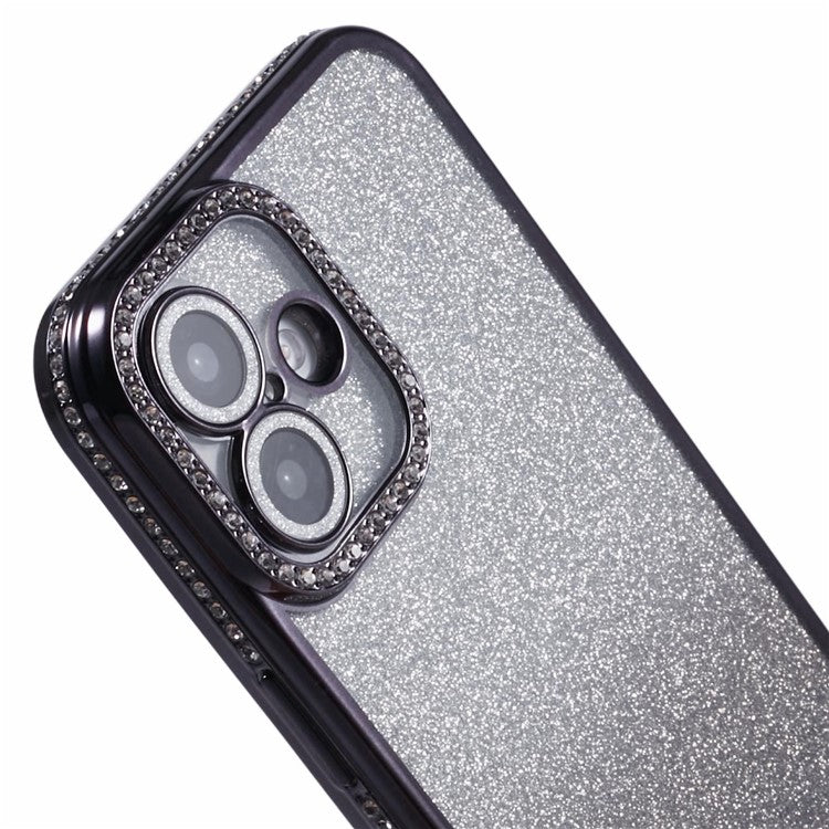 For iPhone 16 Plus Case Camera Lens Guard Clear Phone Back Cover Rhinestone Decor With Glitter Paper - Gradient Black