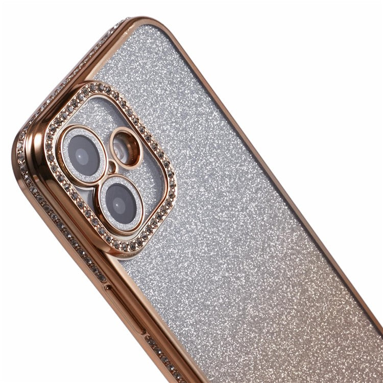 For iPhone 16 Plus Case Camera Lens Guard Clear Phone Back Cover Rhinestone Decor With Glitter Paper - Gradient Gold