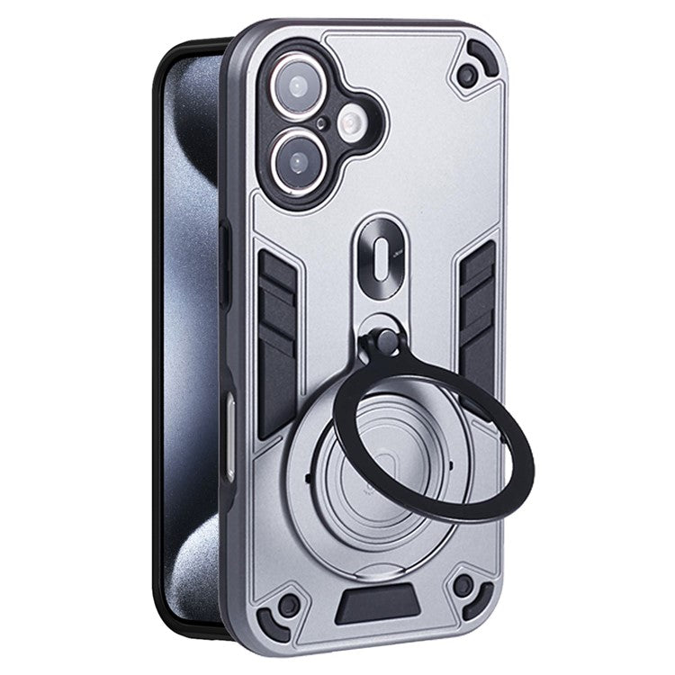 For iPhone 16 Case Rotatable Kickstand PC+TPU Drop Protection Phone Cover - Silver