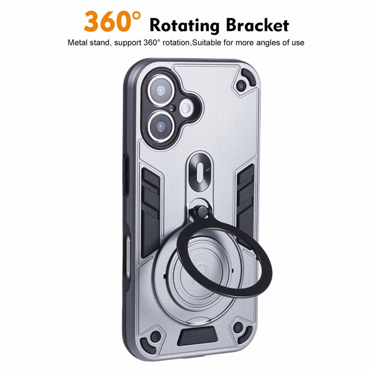 For iPhone 16 Case Rotatable Kickstand PC+TPU Drop Protection Phone Cover - Silver