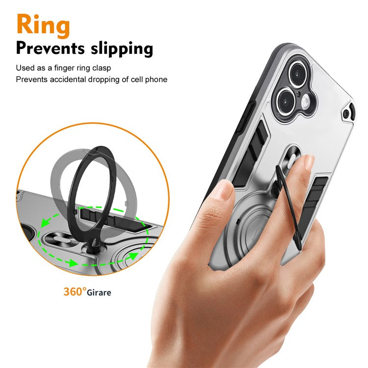For iPhone 16 Case Rotatable Kickstand PC+TPU Drop Protection Phone Cover - Silver