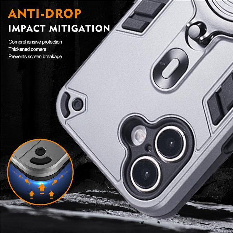 For iPhone 16 Case Rotatable Kickstand PC+TPU Drop Protection Phone Cover - Silver