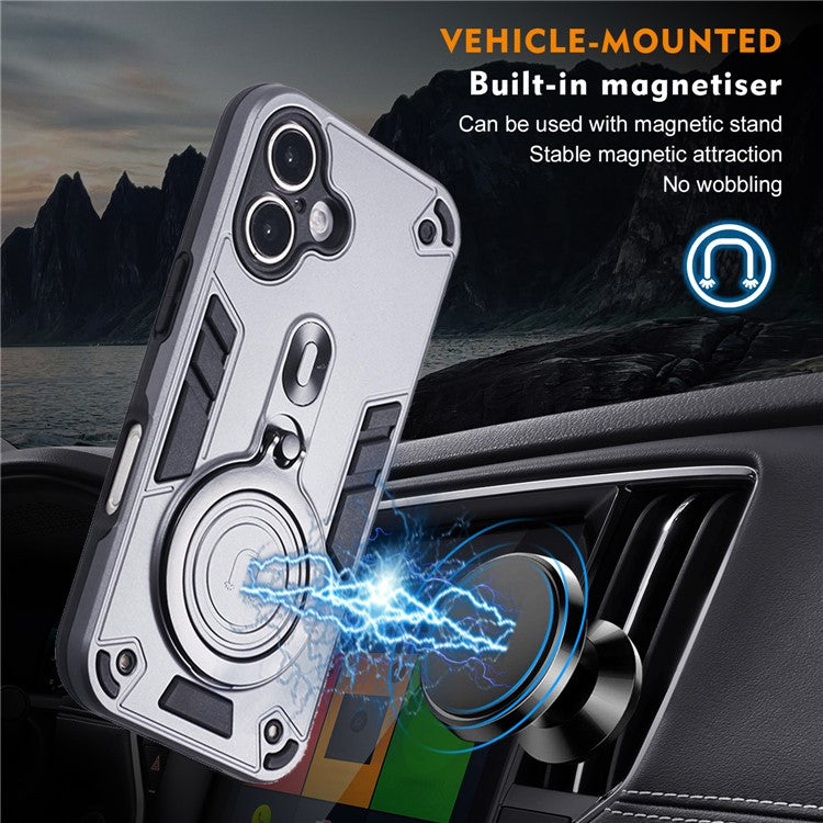 For iPhone 16 Case Rotatable Kickstand PC+TPU Drop Protection Phone Cover - Silver