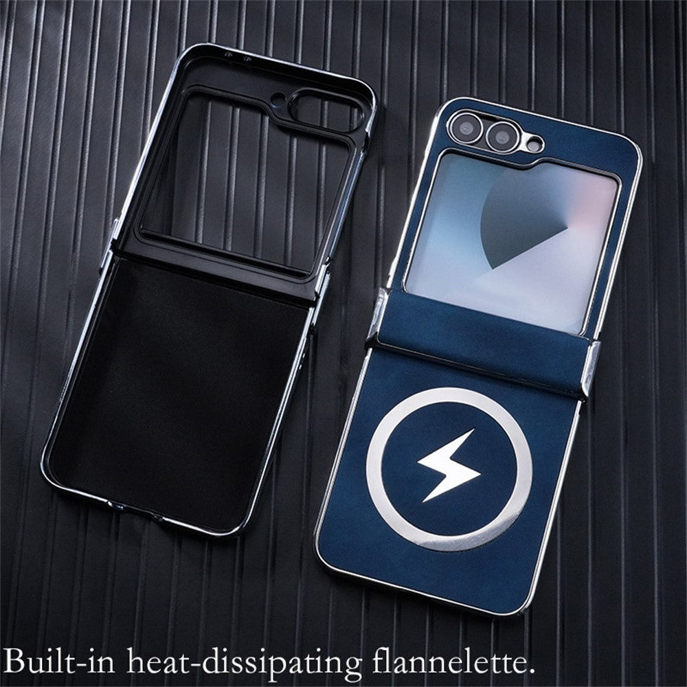 For Samsung Galaxy Z Flip7 FE 5G / Z Flip6 5G Case Compatible with MagSafe Leather+PC+Metal Phone Cover - Dark Blue