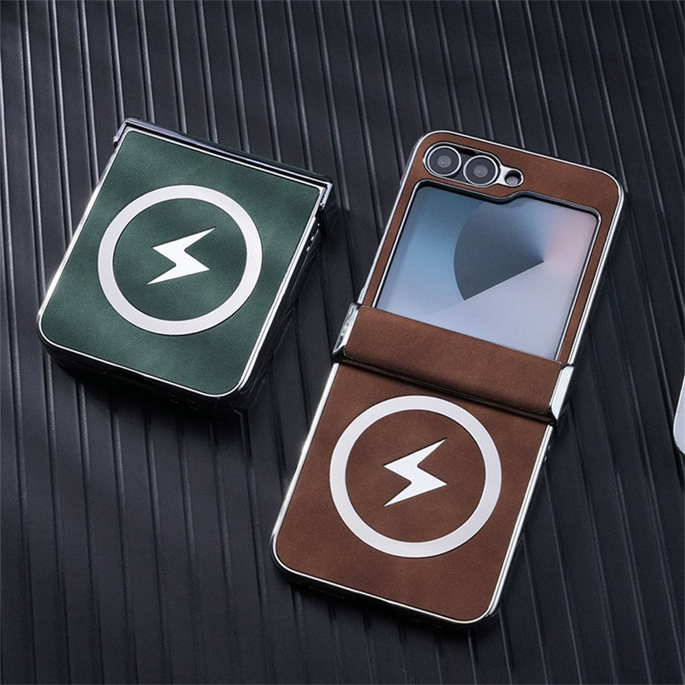 For Samsung Galaxy Z Flip7 FE 5G / Z Flip6 5G Case Compatible with MagSafe Leather+PC+Metal Phone Cover - Brown