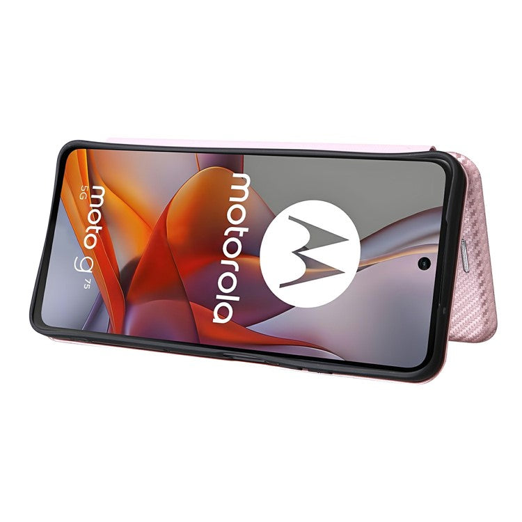 For Motorola Moto G75 5G Case Carbon Fiber Texture Drop-Proof PU Leather Phone Cover - Rose Gold