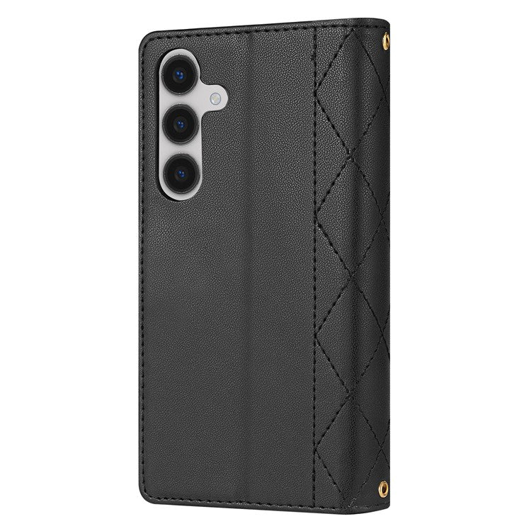 For Samsung Galaxy A26 5G Case Rhombus Stitching Leather Wallet Phone Cover with Long / Short Strap - Black