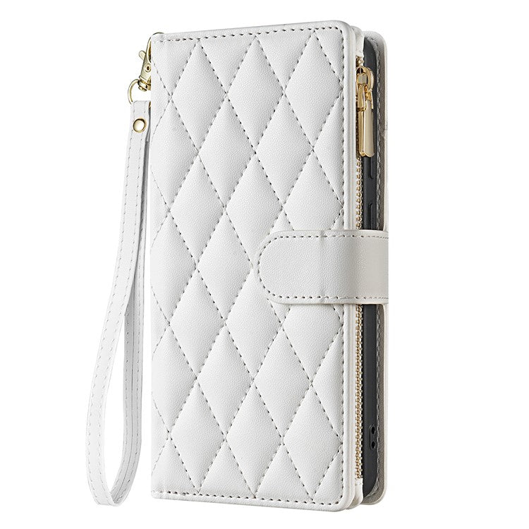 For Samsung Galaxy A36 5G Case Rhombus Stitching Leather Wallet Phone Cover with Long / Short Strap - White