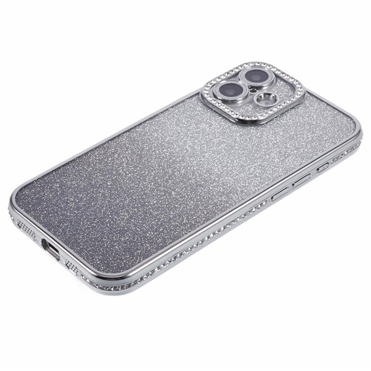 For Apple iPhone 16 Full Protection Case With Camera Lens Protector Rhinestone Embellished Clear Cover - Gradient Silver