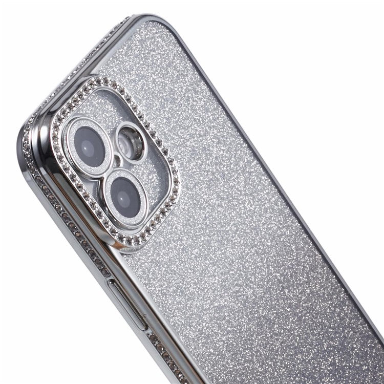 For Apple iPhone 16 Full Protection Case With Camera Lens Protector Rhinestone Embellished Clear Cover - Gradient Silver