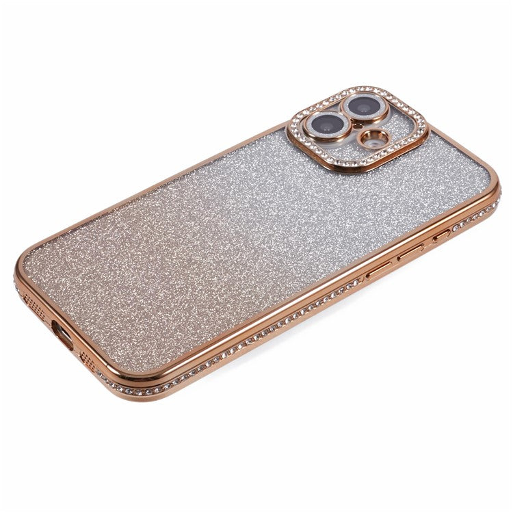 For Apple iPhone 16 Full Protection Case With Camera Lens Protector Rhinestone Embellished Clear Cover - Gradient Gold