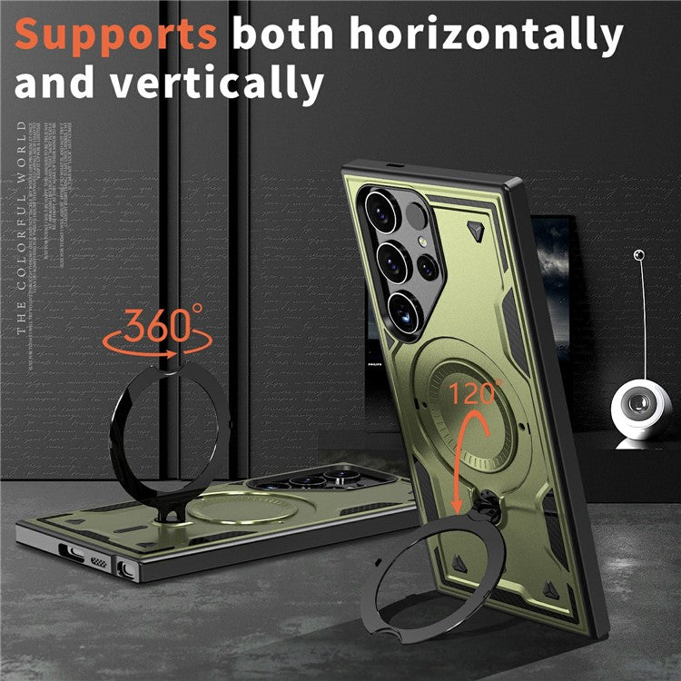 For Samsung Galaxy S25 Ultra Case Compatible with MagSafe Military Protection PC+TPU Kickstand Phone Cover - Olive Green