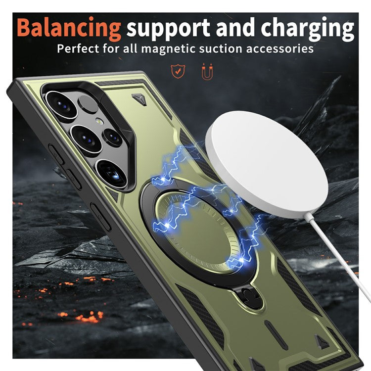 For Samsung Galaxy S25 Ultra Case Compatible with MagSafe Military Protection PC+TPU Kickstand Phone Cover - Olive Green