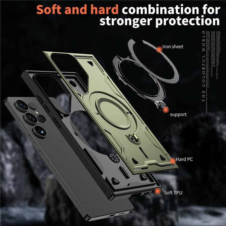 For Samsung Galaxy S25 Ultra Case Compatible with MagSafe Military Protection PC+TPU Kickstand Phone Cover - Olive Green