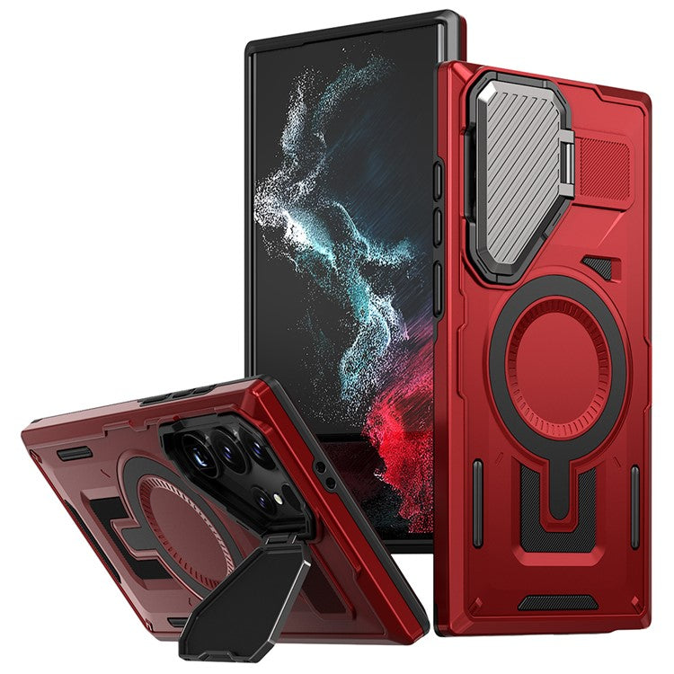 For Samsung Galaxy S23 Ultra / S22 Ultra 5G Case Compatible with MagSafe Lens Lid Kickstand PC+TPU Back Cover - Red
