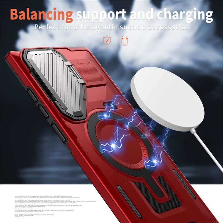 For Samsung Galaxy S23 Ultra / S22 Ultra 5G Case Compatible with MagSafe Lens Lid Kickstand PC+TPU Back Cover - Red