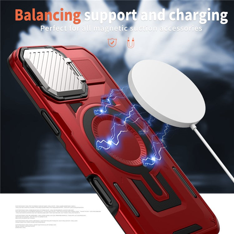 For iPhone 16 Case Compatible with MagSafe Lens Lid Kickstand PC+TPU Back Cover - Red