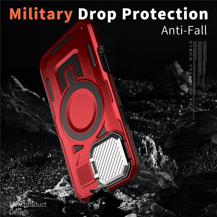 For iPhone 16 Case Compatible with MagSafe Lens Lid Kickstand PC+TPU Back Cover - Red