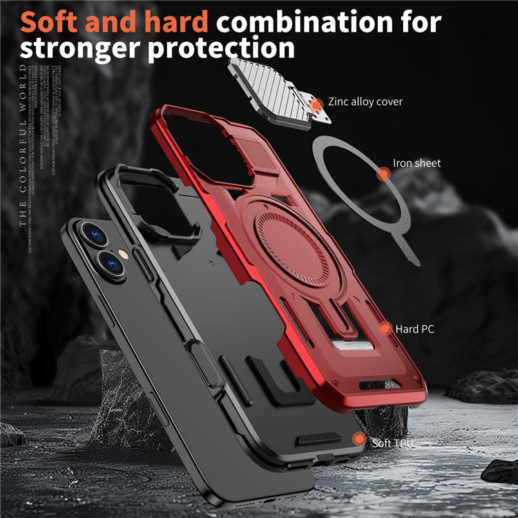 For iPhone 16 Case Compatible with MagSafe Lens Lid Kickstand PC+TPU Back Cover - Red