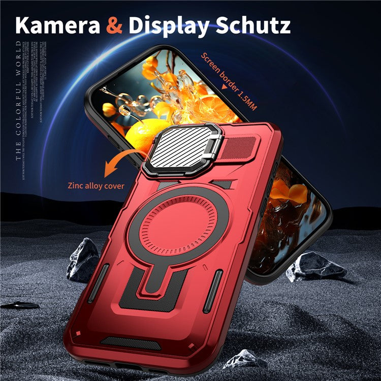 For iPhone 16 Case Compatible with MagSafe Lens Lid Kickstand PC+TPU Back Cover - Red