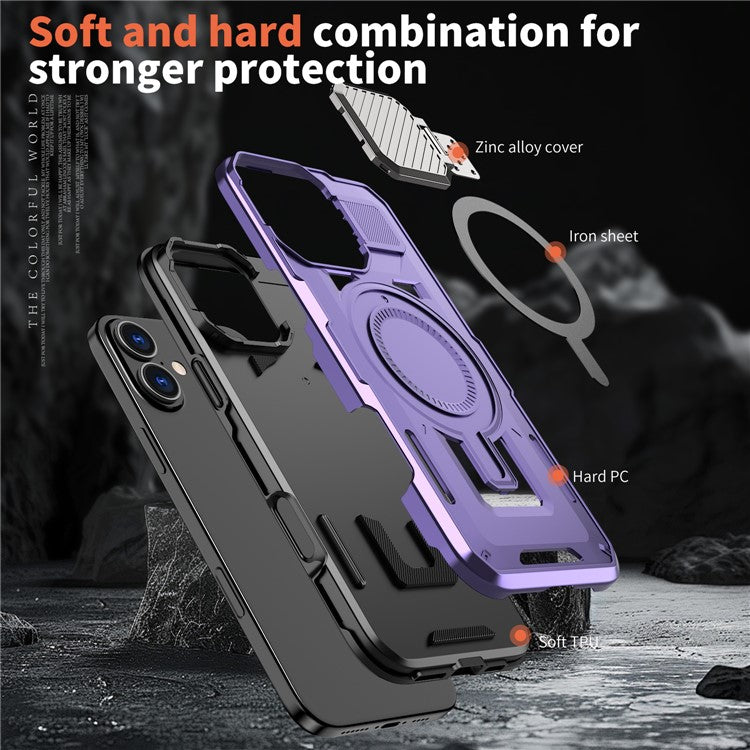 For iPhone 16 Plus Case Compatible with MagSafe Lens Lid Kickstand PC+TPU Back Cover - Purple