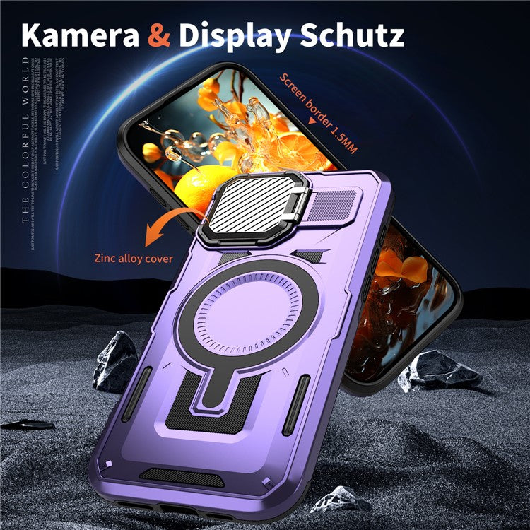 For iPhone 16 Plus Case Compatible with MagSafe Lens Lid Kickstand PC+TPU Back Cover - Purple