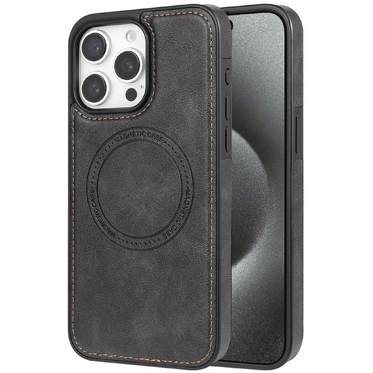 CSJ-P3 For iPhone 16 Pro Case Compatible with MagSafe PC+TPU+Leather Back Cover - Black