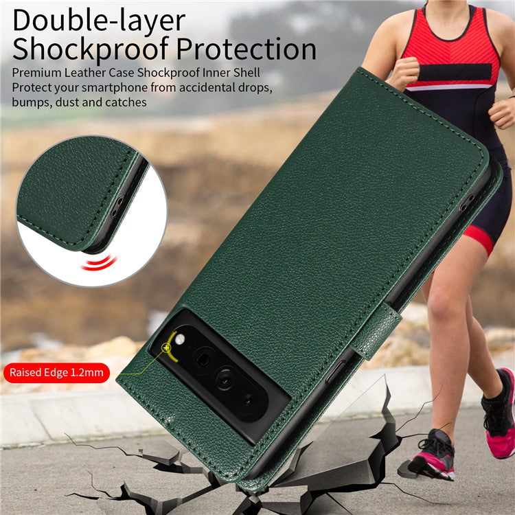 For Google Pixel 7 Pro 5G Leather Case Litchi Texture RFID Blocking Wallet Stand Phone Cover - Green