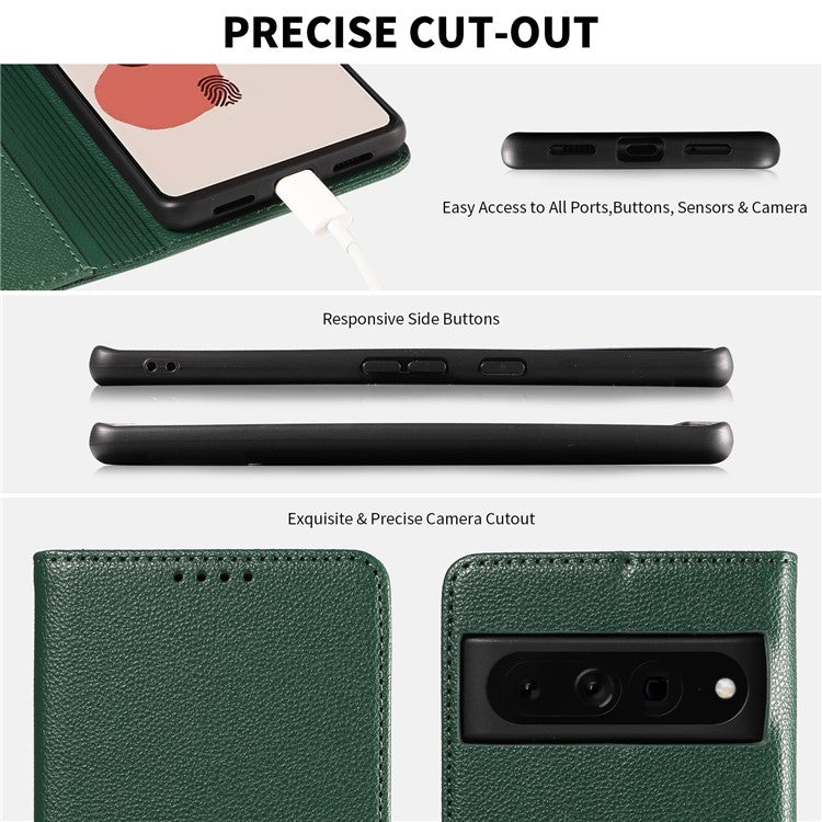 For Google Pixel 7 Pro 5G Leather Case Litchi Texture RFID Blocking Wallet Stand Phone Cover - Green