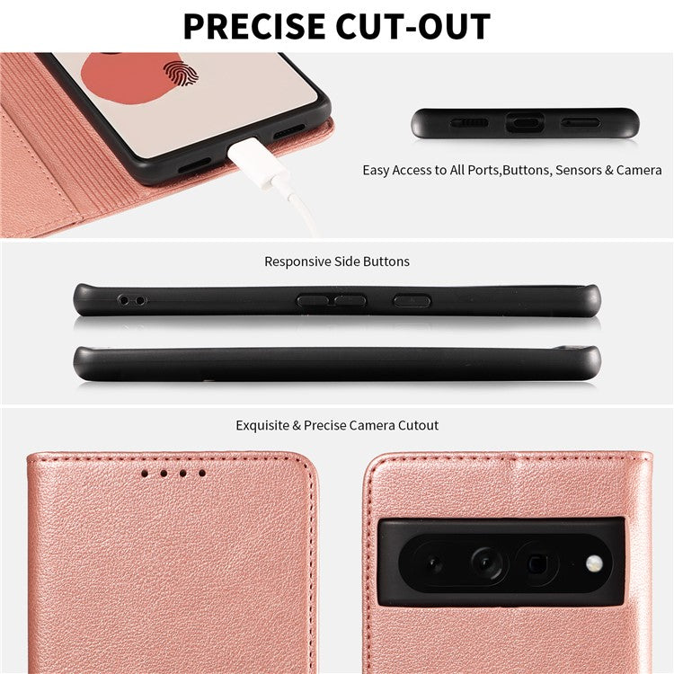For Google Pixel 7 Pro 5G Leather Case Litchi Texture RFID Blocking Wallet Stand Phone Cover - Rose Gold