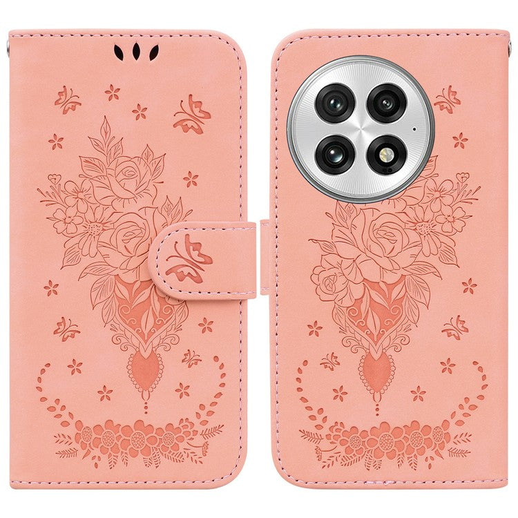 For OnePlus 13 Case PU Leather Wallet Phone Cover Butterfly Flower Imprint - Pink