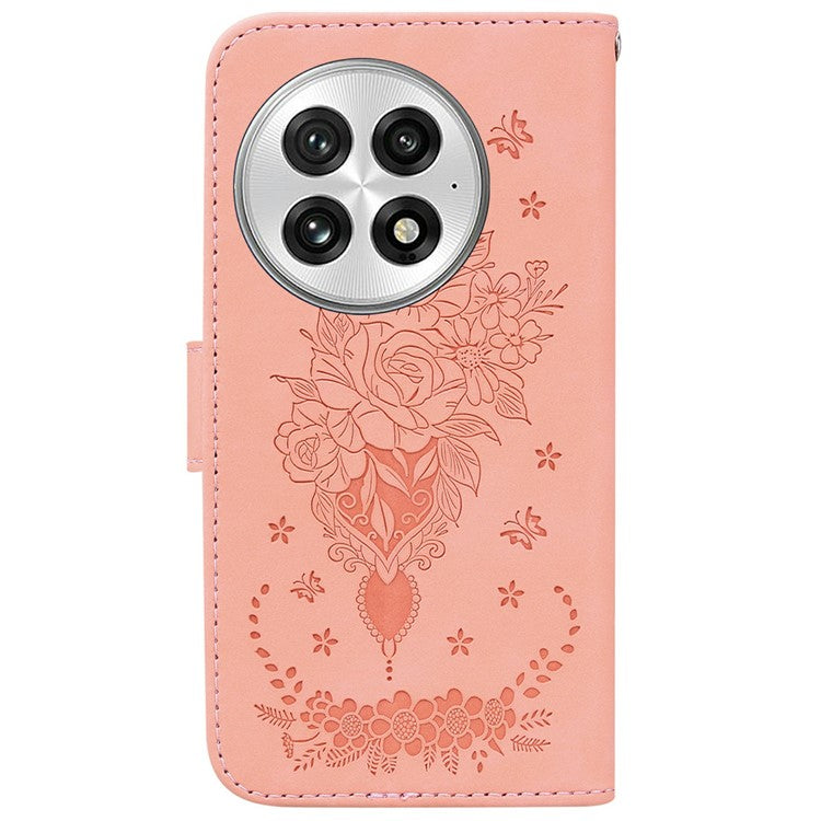 For OnePlus 13 Case PU Leather Wallet Phone Cover Butterfly Flower Imprint - Pink
