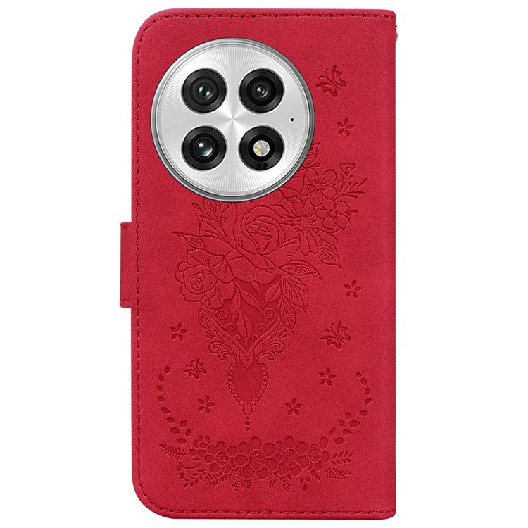 For OnePlus 13 Case PU Leather Wallet Phone Cover Butterfly Flower Imprint - Red