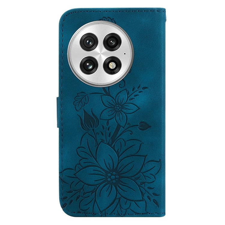 For OnePlus 13 Case Lily Flower Imprint Leather Phone Cover with Stand - Dark Blue