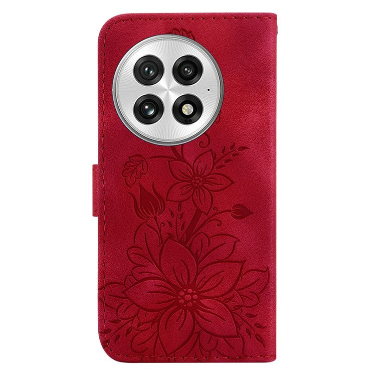 For OnePlus 13 Case Lily Flower Imprint Leather Phone Cover with Stand - Red