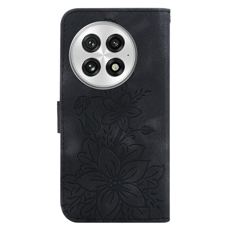 For OnePlus 13 Case Lily Flower Imprint Leather Phone Cover with Stand - Black