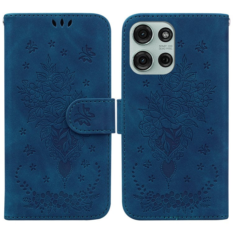 For Motorola Moto G75 5G Case PU Leather Wallet Phone Cover Butterfly Flower Imprint - Blue