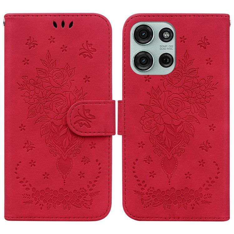 For Motorola Moto G75 5G Case PU Leather Wallet Phone Cover Butterfly Flower Imprint - Red