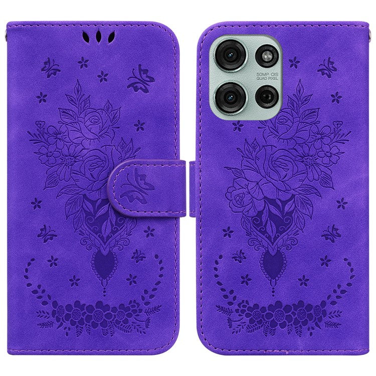 For Motorola Moto G75 5G Case PU Leather Wallet Phone Cover Butterfly Flower Imprint - Purple
