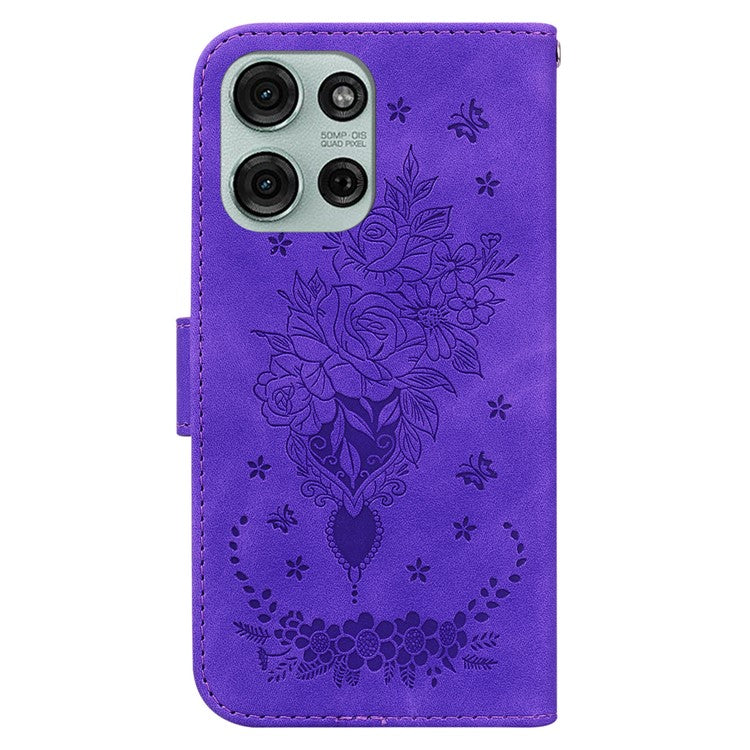 For Motorola Moto G75 5G Case PU Leather Wallet Phone Cover Butterfly Flower Imprint - Purple