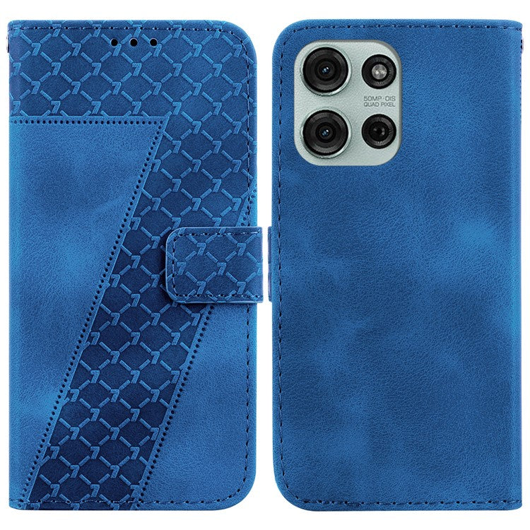 For Motorola Moto G75 5G Stand Case 7-Shaped Pattern Imprint Leather Phone Cover - Dark Blue