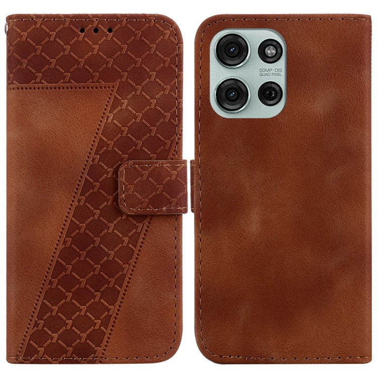 For Motorola Moto G75 5G Stand Case 7-Shaped Pattern Imprint Leather Phone Cover - Brown