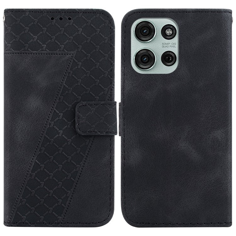 For Motorola Moto G75 5G Stand Case 7-Shaped Pattern Imprint Leather Phone Cover - Black
