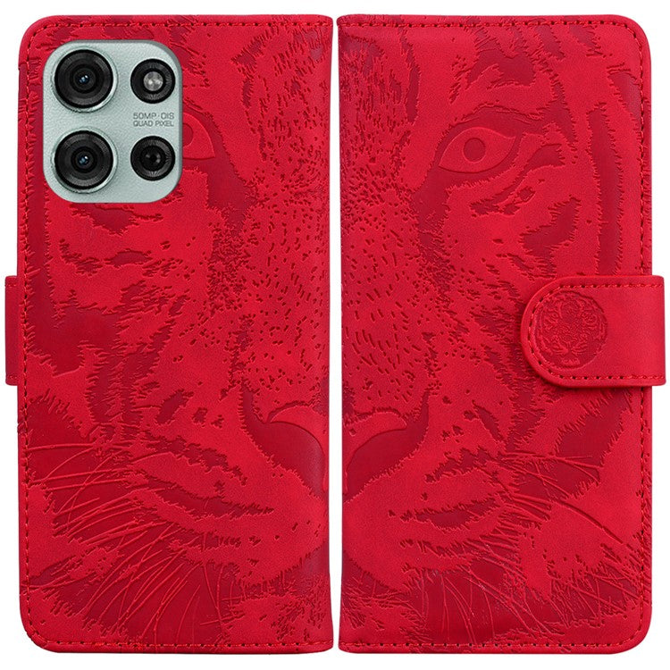 For Motorola Moto G75 5G Case Tiger Imprint Leather Wallet Phone Cover - Red